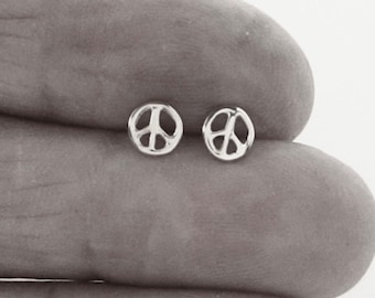 Tiny silver Peace sign 5mm stud earrings, solid sterling silver, handmade in USA