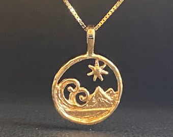 Small GOLD Wave, Mountain, solid 14k gold pendant, handmade in USA