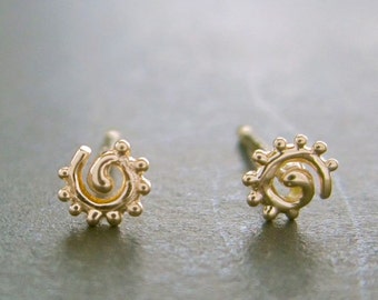 14k Gold Spiral Stud Earrings: Tiny Recycled Gold Posts, Handmade