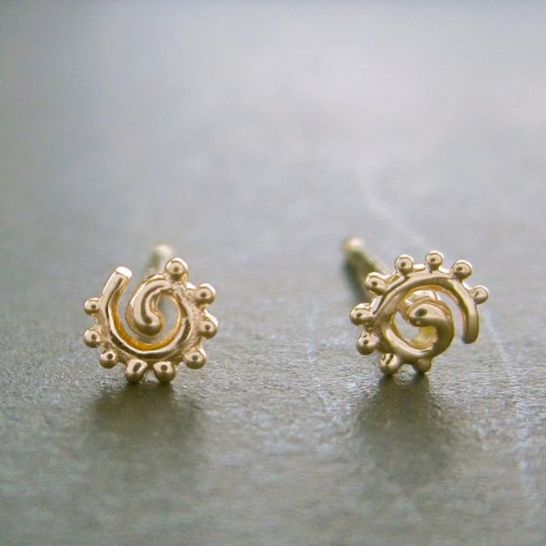 Gold Spiral studs, 4mm TINY, solid 14k, single or pair of post earrings, handmade in USA