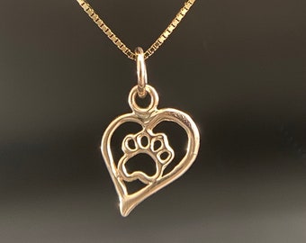 Tiny Gold Paw Heart pendant, charm, recycled solid 14k gold necklace, handmade in USA
