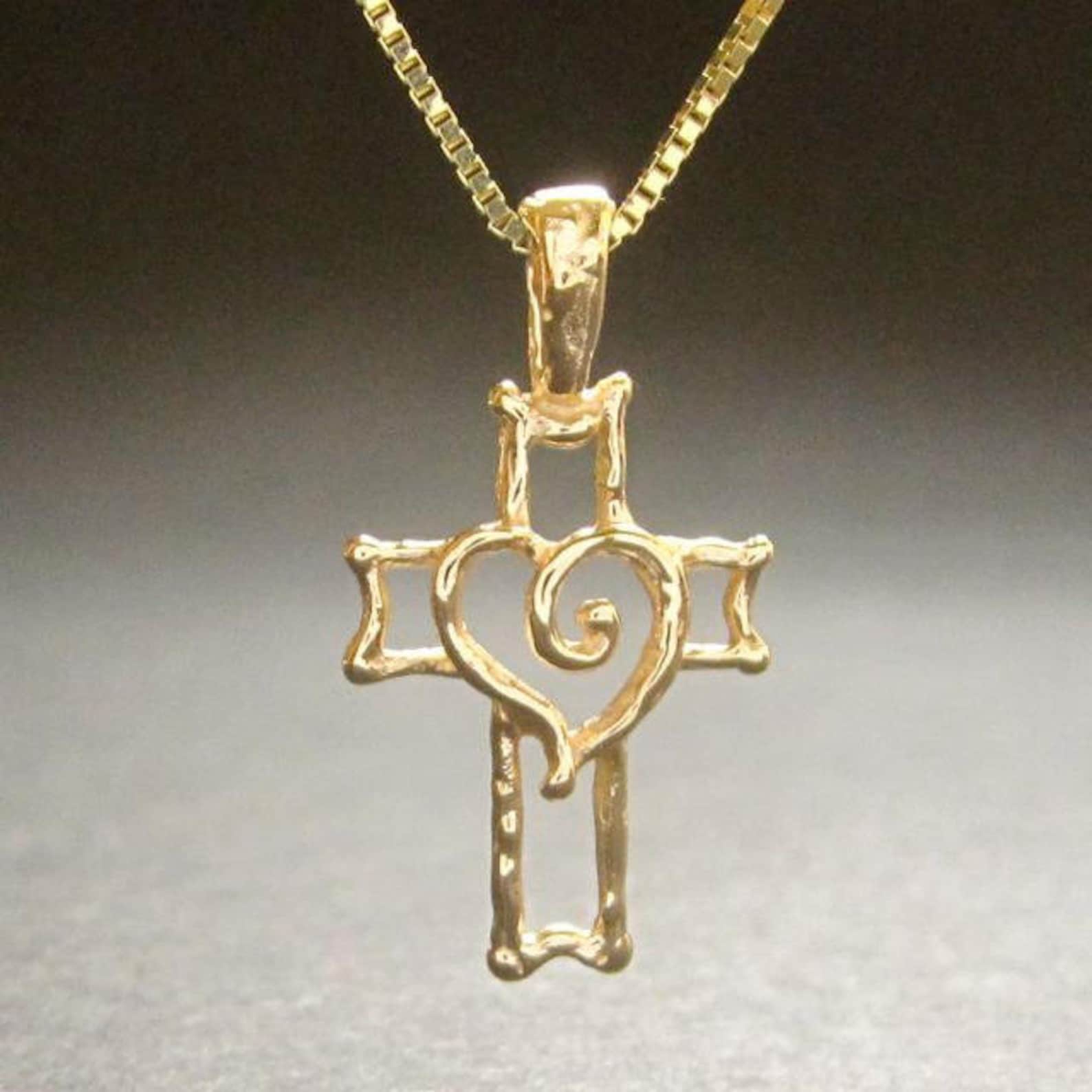 Gold Cross Heart Pendant Necklace Yellow White or Rose Solid Etsy