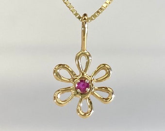 Ruby in Flower pendant, solid 14k gold necklace, handmade in USA