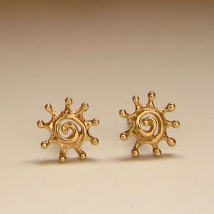 Gold Sun Spiral, 9mm solid 14k stud earrings, yellow white or rose gold, handmade in USA