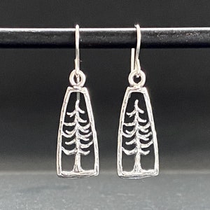 Tree earrings, pine tree in frame, redwood tree, sterling silver handmade in USA