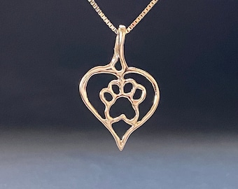 GOLD Paw Heart pendant, Pet valentine, recycled solid 14k gold necklace, handmade in USA