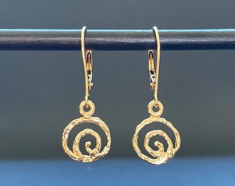 Gold spiral lever back earrings, handmade in USA