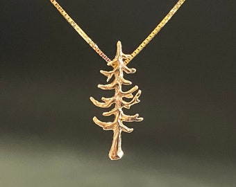 Gold Pine Tree pendant, 17mm,  solid 14k necklace, White or Yellow gold, Redwood, Fir tree, handmade in USA