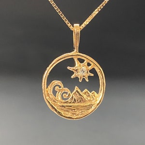 GOLD Wave, Mountain, Sun w/diamond, solid 14k gold pendant, handmade in USA