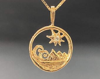 GOLD Wave, Mountain, Sun w/diamond, solid 14k gold pendant, handmade in USA
