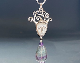 Banded Fluorite and Amethyst Goddess pendant necklace, handmade in USA