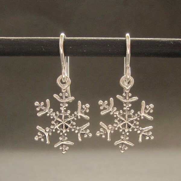 Silver Snowflake earrings, snowflake dangles, solid sterling recycled silver made in usa