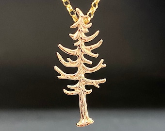 Gold Pine Tree pendant, 26x12mm, solid 14k gold necklace, Redwood, Fir tree, handmade in USA