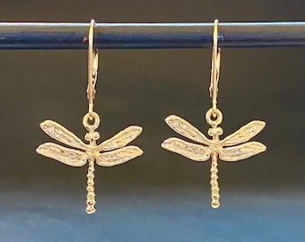 Gold Dragonfly earrings, solid 14k lever backs, handmade in USA