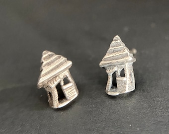 Tiny house stud earrings, recycled Sterling, handmade in USA