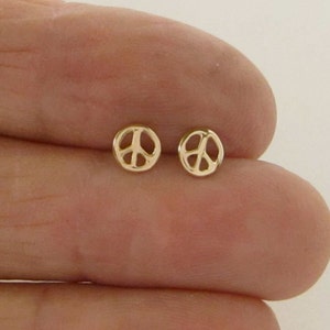 Tiny Gold Peace sign 5mm stud earrings, 14k solid gold, white gold or rose gold, handmade in USA
