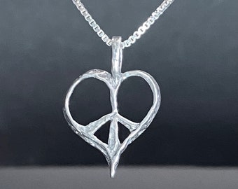 Peace sign Heart pendant, sterling necklace, recycled handmade in USA