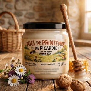 Peut inclure: Un pot en verre de miel avec un couvercle noir, portant une étiquette indiquant MIEL DE PRINTEMPS DE PICARDIE, MIEL RÉCOLTÉ EN MAI 2026, POIDS NET: 500 gr, ORIGINE: FRANCE, LOT: 2026 1, DLC: MAI 2026. Accompagné d'une cuillère à miel et deux noix.
