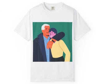 T-shirt med illustration för par som omfamnar | Färgglatt porträtt, avslappnad t-shirt