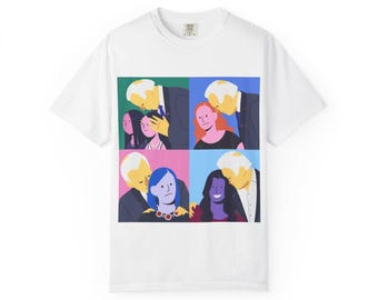 Pop Art Couples Portrait T-shirt | Colorful Grid Faces, Retro Illustration