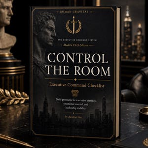 Può includere: Un libro con copertina rigida nera intitolato Control The Room, Executive Command Checklist, Modern CEO Edition di Aurelius Voss. La copertina presenta un emblema con spada dorata, un busto romano e una silhouette di città con testi.