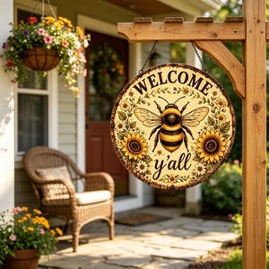 Round Welcome Y'all Metal Hanging Sign, Sunflower Highland Cow Bee Farmhouse Front Porch Decor Sign