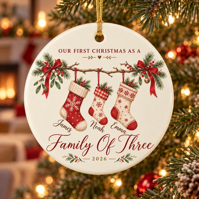 String Family Background Image Personalized Family of Three Ornament 2026, First Christmas Ceramic ...