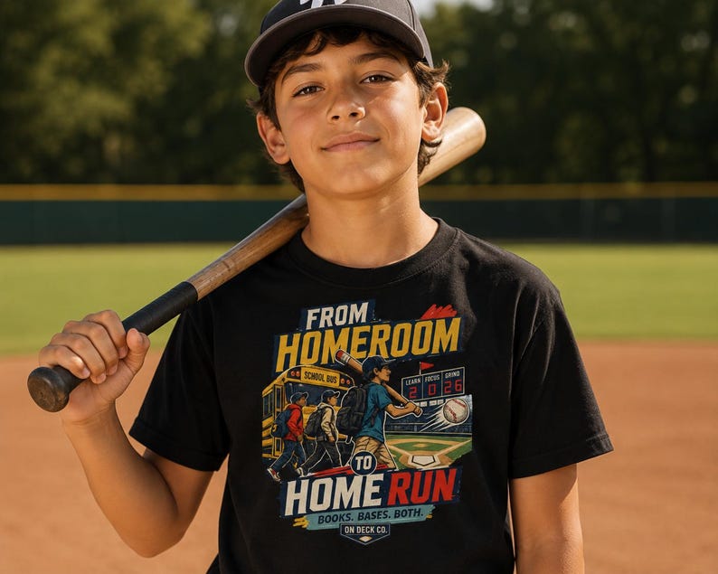 Baseball Player Back to School Shirt, Homeroom to Home Run Kids Tee, Student Athlete Gift for Boys Girls, Youth Travel Ball Season image 2