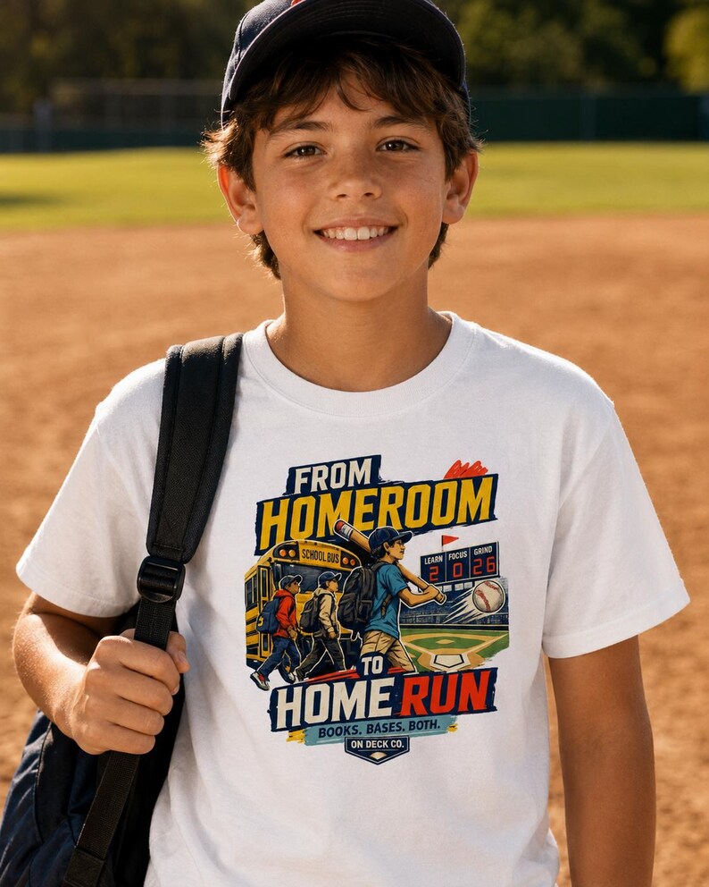 Baseball Player Back to School Shirt, Homeroom to Home Run Kids Tee, Student Athlete Gift for Boys Girls, Youth Travel Ball Season image 4