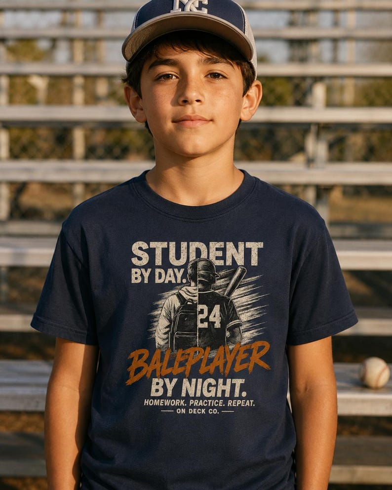 Honkbalspeler T-shirt voor de start van het schooljaar, T-shirt met de tekst "Huiswerk oefenen herhalen", cadeau voor student-atleten (jongens en meisjes), jeugdteam voor honkbalseizoen afbeelding 1