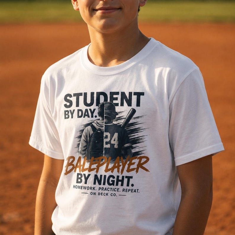 Honkbalspeler T-shirt voor de start van het schooljaar, T-shirt met de tekst "Huiswerk oefenen herhalen", cadeau voor student-atleten (jongens en meisjes), jeugdteam voor honkbalseizoen afbeelding 2