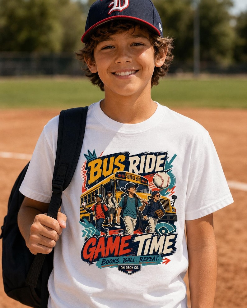 Camiseta de regreso a clases para jugadores de béisbol, camiseta infantil para ir al partido en autobús, regalo para estudiantes atletas (niños y niñas), temporada de béisbol juvenil de viaje. imagen 1