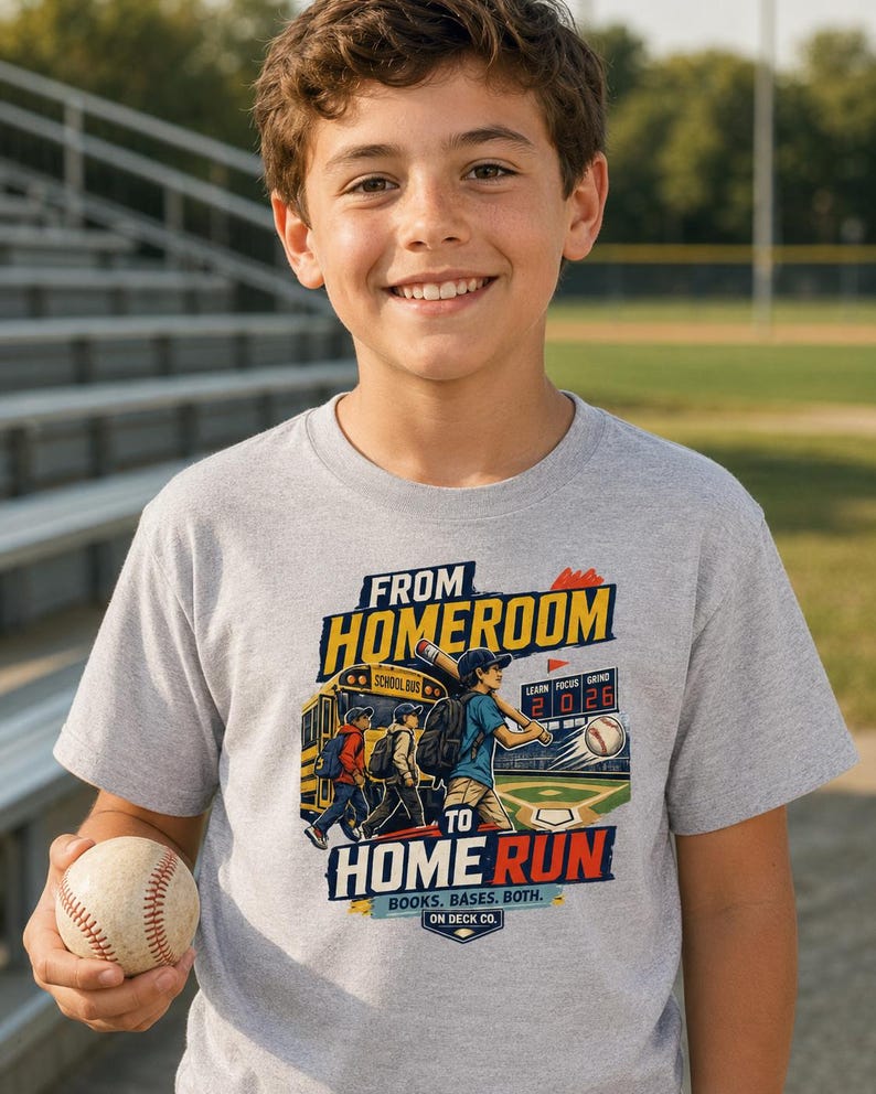 Baseball Player Back to School Shirt, Homeroom to Home Run Kids Tee, Student Athlete Gift for Boys Girls, Youth Travel Ball Season image 3