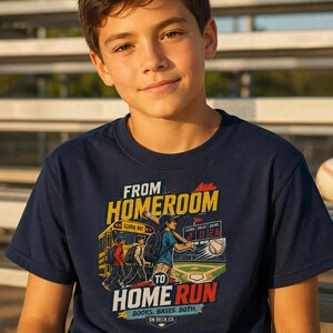 Baseball Player Back to School Shirt, Homeroom to Home Run Kids Tee, Student Athlete Gift for Boys Girls, Youth Travel Ball Season image 1