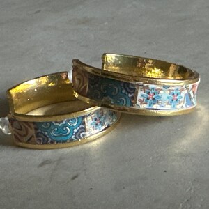 Gold Hoop Earrings Coastal Mediterranean Tile Pattern 1.25 inches Handmade Red White and Blue