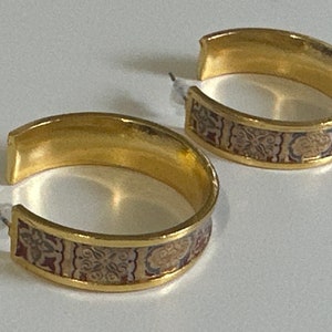 Gold Hoop Earrings Coastal Mediterranean Tile Pattern 1.25 inches Handmade Red White and Blue
