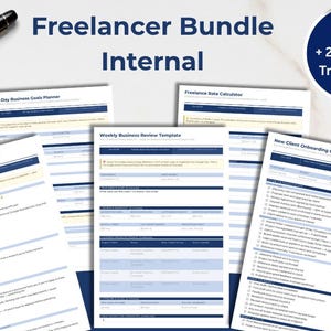 May include: A digital freelancer bundle featuring multiple business templates including a 90-day business goals planner, freelance rate calculator, weekly business review template, testimonial request scripts, and a new client onboarding checklist.