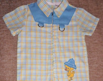 Vintage Wonderalls Little Boy One Piece Outfit, Baby Blue, Yellow & Aqua Check, Short Sleeve, Snap Crotch, Size 24 Months, Poly Cotton Blend