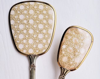 Vintage Vanity Hand Mirror & Brush Set, Metallic Gold Thread Polka Dot Design On Ivory Linen Fabric, Beveled Mirror, Gold Tone Long Handles