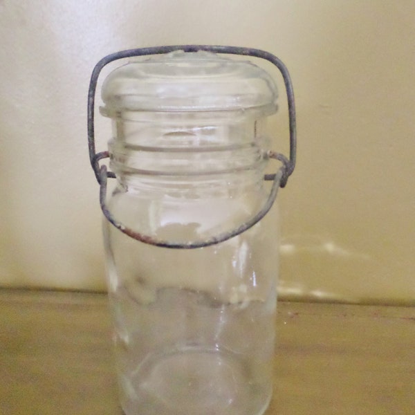 Vintage Clear Glass Storage Jar With Metal Clamp Lid Closure, Bathroom Storage, Kitchen Storage, Spice Storage, Display, Home Decor, Jar