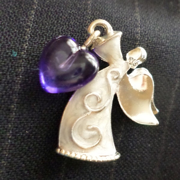 Vintage Avon Enamel Angel Holding A Dangling Purple Heart Lapel Pin, Tie Pin, Shiny Silver Tone, Angel Pin