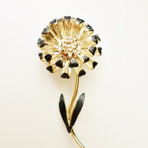 Vintage Gold Tone And Black Enamel Flower Brooch, Chrysanthemum, Accessories, Pin, Flower, Black & Gold, Jewelry