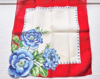 Vintage Baumwolle Taschentuch rot, blau, grün & weiß Blumendruck, Braut, Hochzeit, Feminin, Frühling, Sommer, Blumen