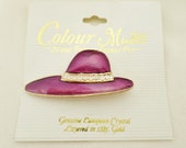 Vintage NOS Purple Hat Society Hand Painted Enamel Brooch, Pin, Purple Hat, Enamel, Genuine European Crystal, Layered In 18K Gold, Jewelry