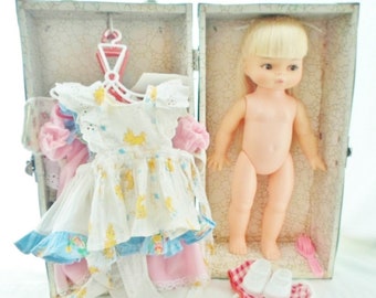 Vintage 1970 13" Horsman Doll With Doll Case & Wardrobe, Doll Dresses, Doll Pajamas, Hong Kong Doll Hangers, Doll Shoes, Long Blonde Hair
