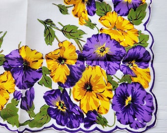 Vintage Baumwolle Taschentuch mit gewellten Kanten, lila & gelb Blumendruck, Braut, Hochzeit, Feminin, Frühling, Sommer, Blumen