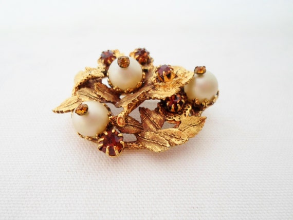 Brooch Gold Acorn With Three White Pearls & Amber… - image 5
