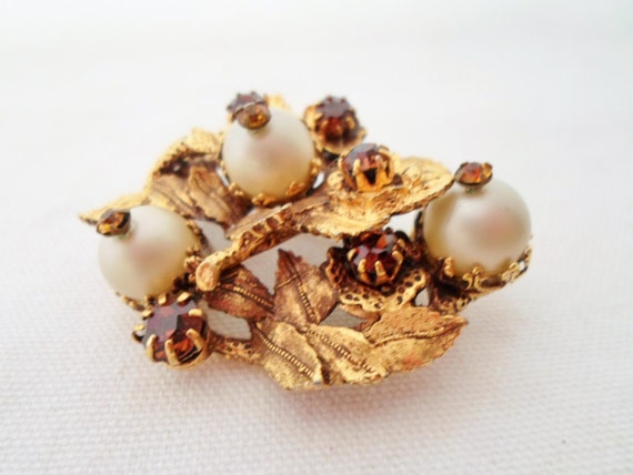 Brooch Gold Acorn With Three White Pearls & Amber… - image 3