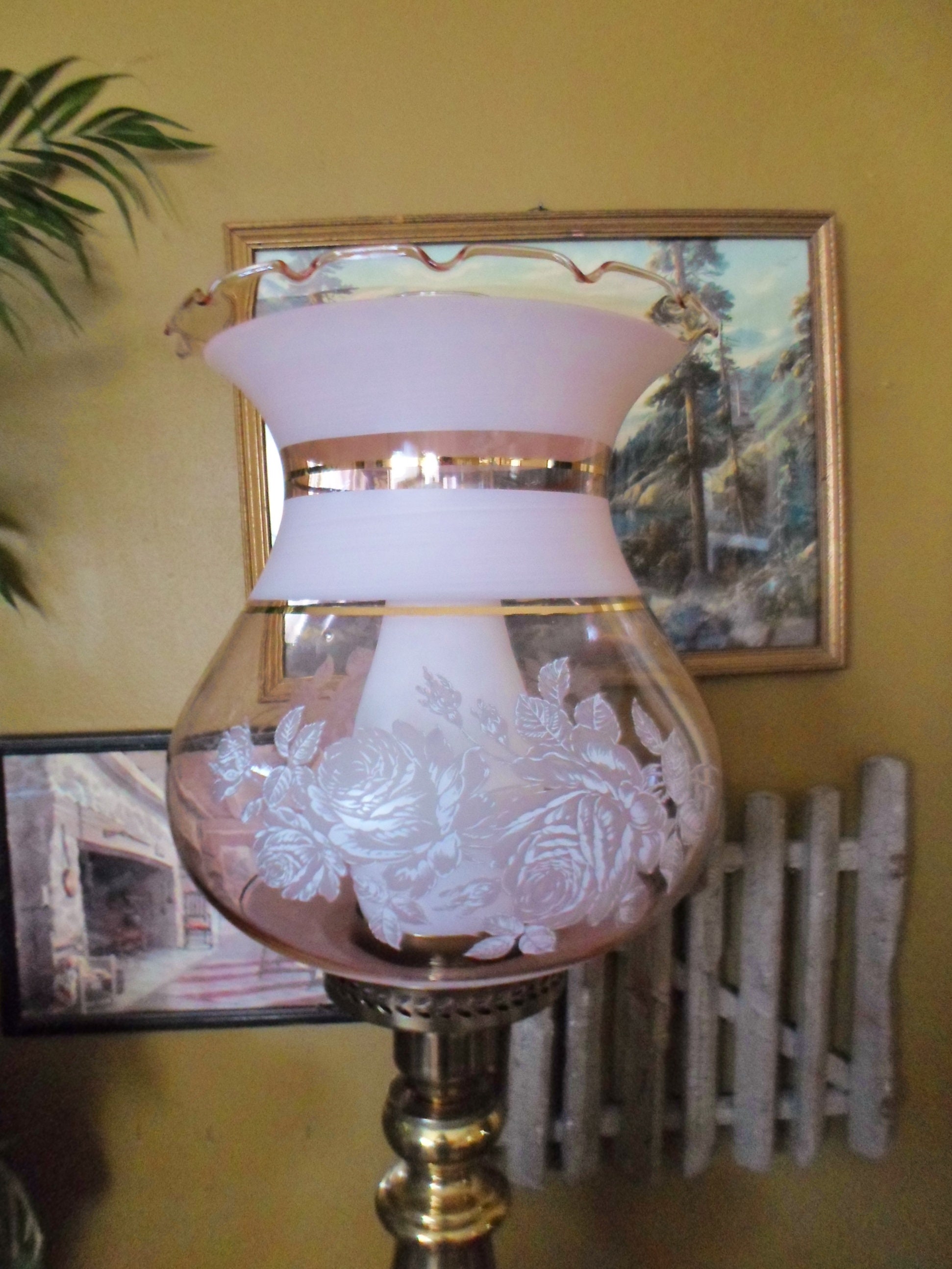 Vintage Brass Table Lamp With Pink Frosted Fluted Glass Shade Etsy