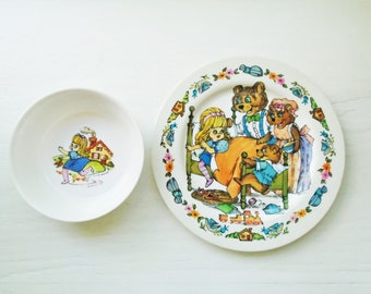 Vintage Oneida Deluxe Goldilocks And The Three Bears Melamine Dish Set, Schüssel, Teller, Kindergeschirr, Storybook Figuren, Kinder, Kleinkind